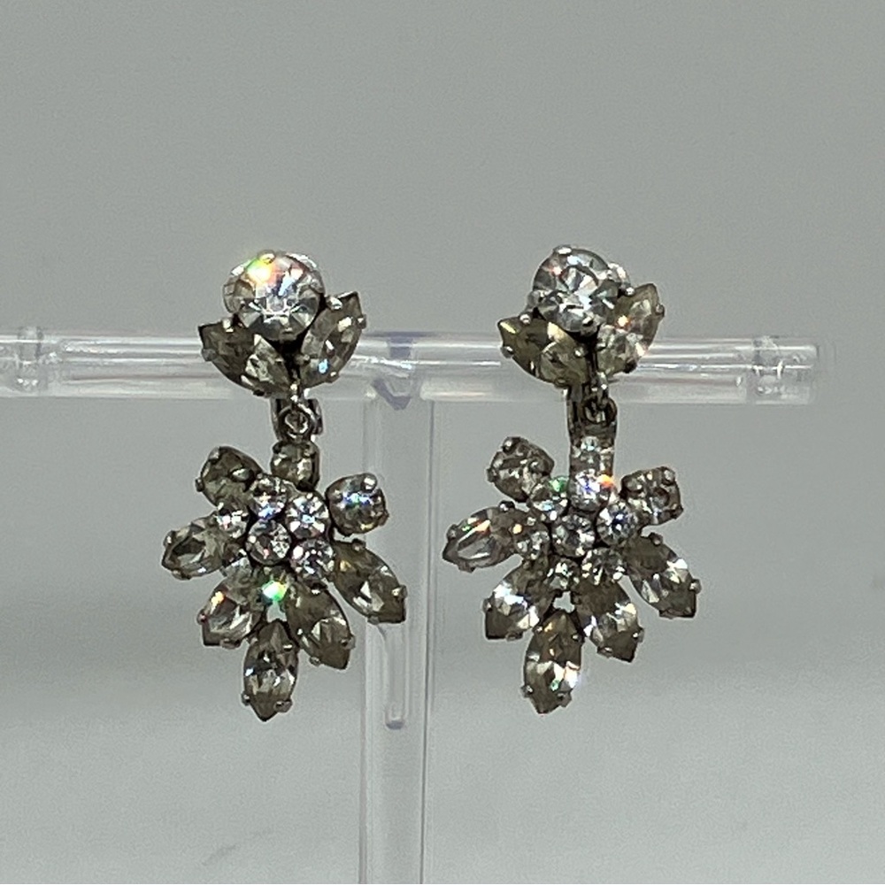 Vintage Sherman Clear Crystal Fan Dangle Clip-On Earrings | Statement Glam